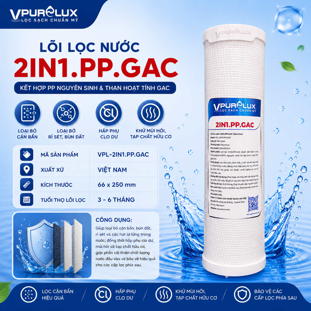 Lõi lọc nước 2IN1.PP.GAC Vpurelux - Ảnh 3